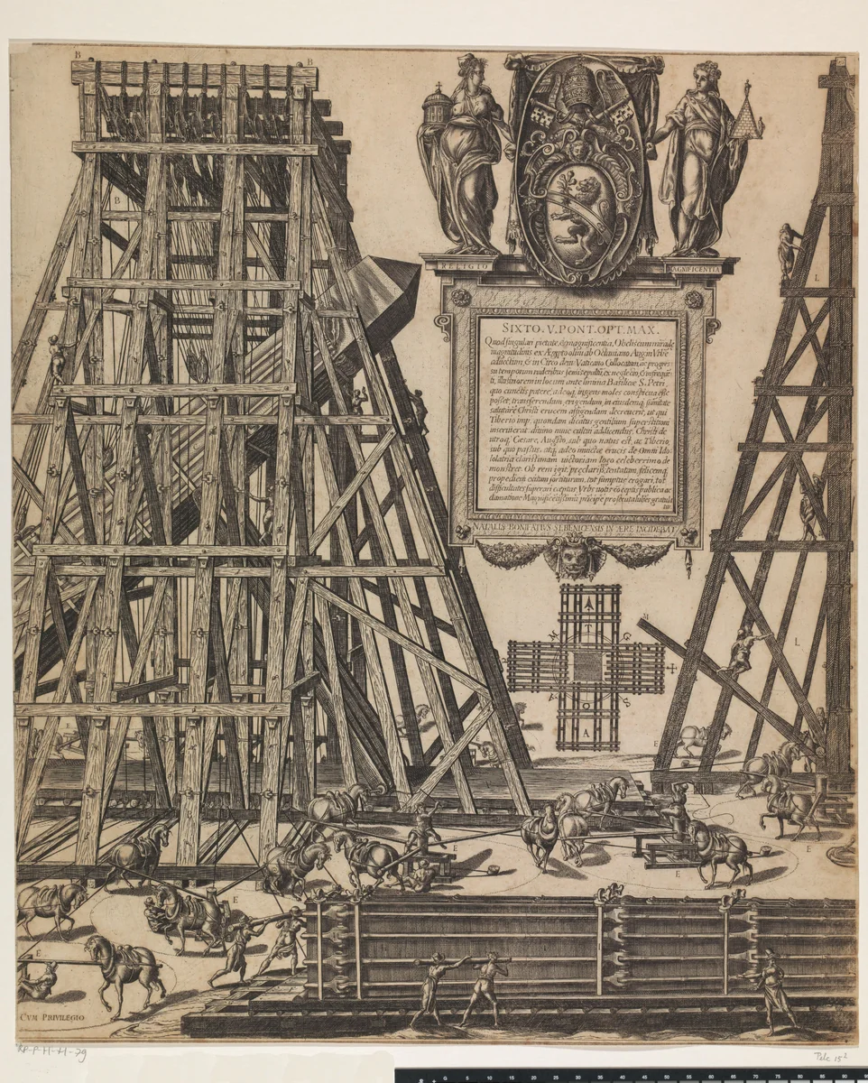 De oprichting van de obelisk op het St. Pietersplein by Unknown, print, 1586