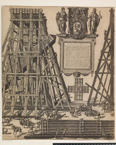De oprichting van de obelisk op het St. Pietersplein by Unknown, print, 1586