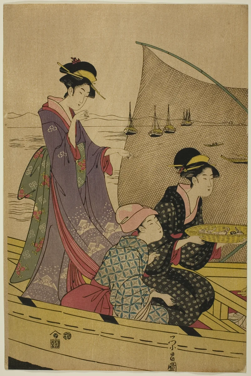 Women on a Fishing Boat by Chokosai Eisho, print, 1775-1805
