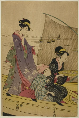 Women on a Fishing Boat by Chokosai Eisho, print, 1775-1805