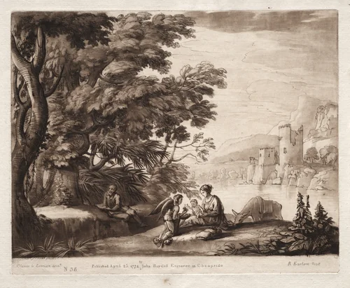 Liber Veritatis: No. 38, The Repose of the Holy Family along a River by Richard Earlom, print, 1774