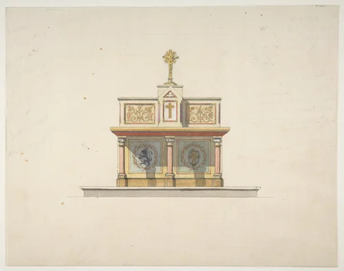 Design for an altar table surmounted by a crucifixion by Jules-Edmond-Charles Lachaise, drawing, 1850-1900