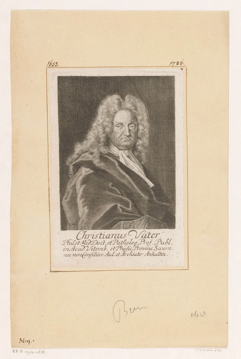 Portret van Christian Vater by Martin Bernigeroth, print, 1725