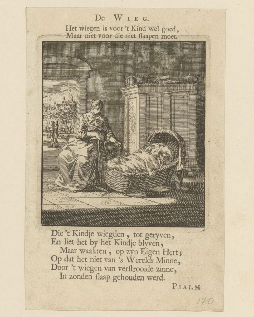 Kind in een wieg by Jan Luyken, print, 1712