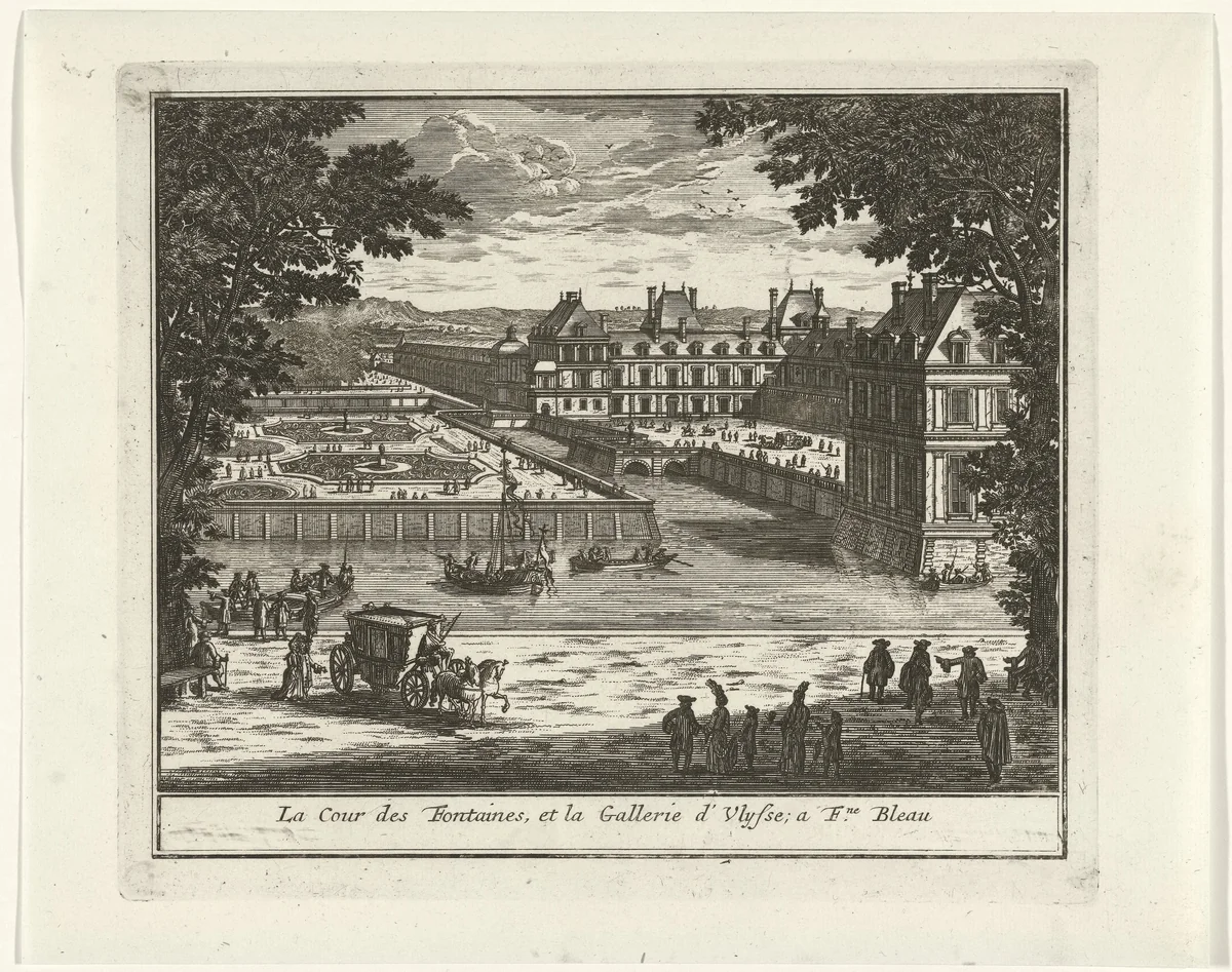 Gezicht op de Cour de la Fontaine en de galerie d'Ulysse van het paleis van Fontainebleau by Jan Lamsvelt, print, 1726-1743