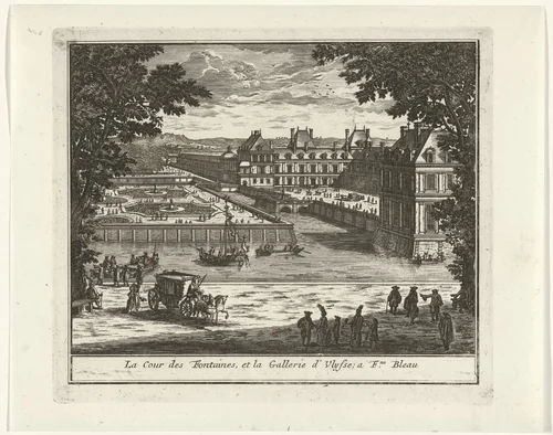 Gezicht op de Cour de la Fontaine en de galerie d'Ulysse van het paleis van Fontainebleau by Jan Lamsvelt, print, 1726-1743