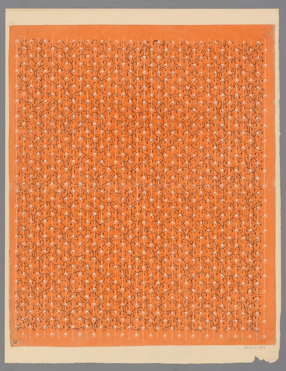 Blad met slingerende ranken en banenpatroon van strepen met blokjes by anonymous, print, 1800-1900