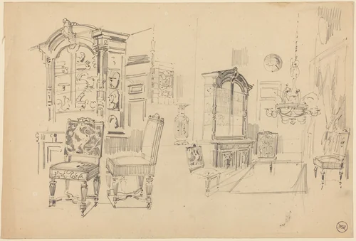 Two Studies of an Interior with Furniture by Félix-Hilaire Buhot, drawing, 1847-1898