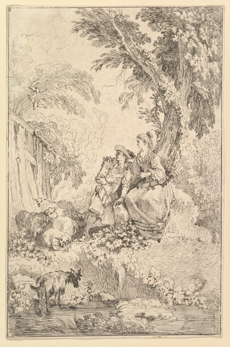Surprised Young Couple Under a Tree by François Boucher, print, 1730-1770