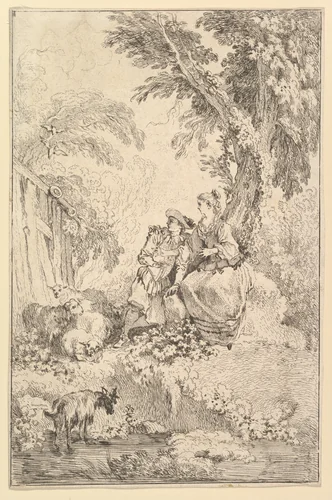 Surprised Young Couple Under a Tree by François Boucher, print, 1730-1770