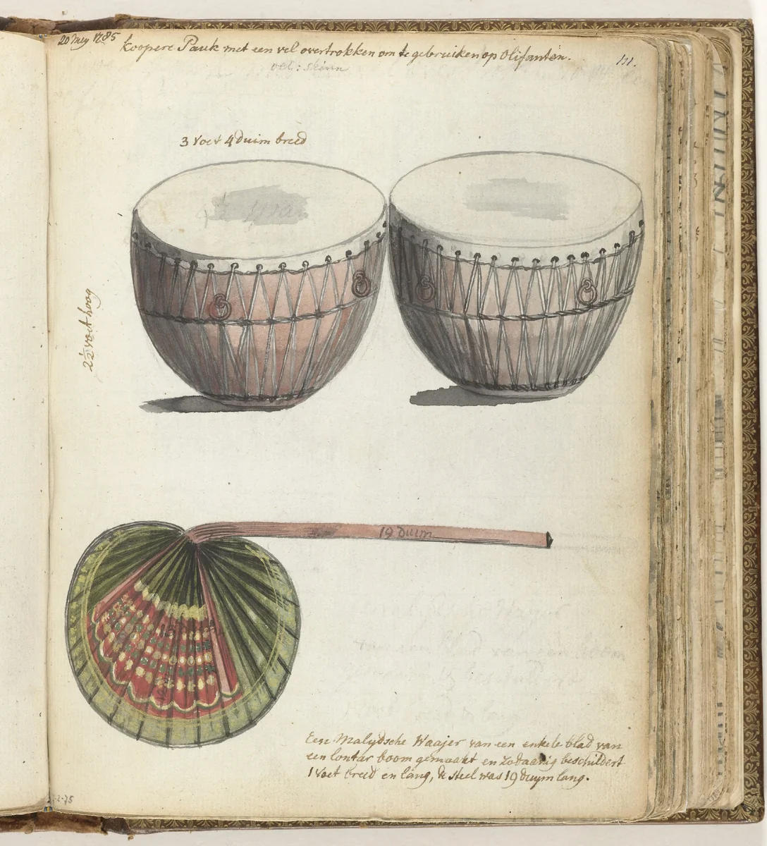 Olifantspauken en Maleise waaier by Jan Brandes, drawing, 1779-1785