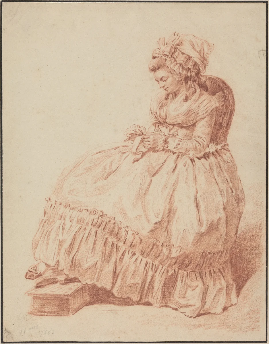 Seated Woman Sewing by Louis Rolland Trinquesse, drawing, 1788