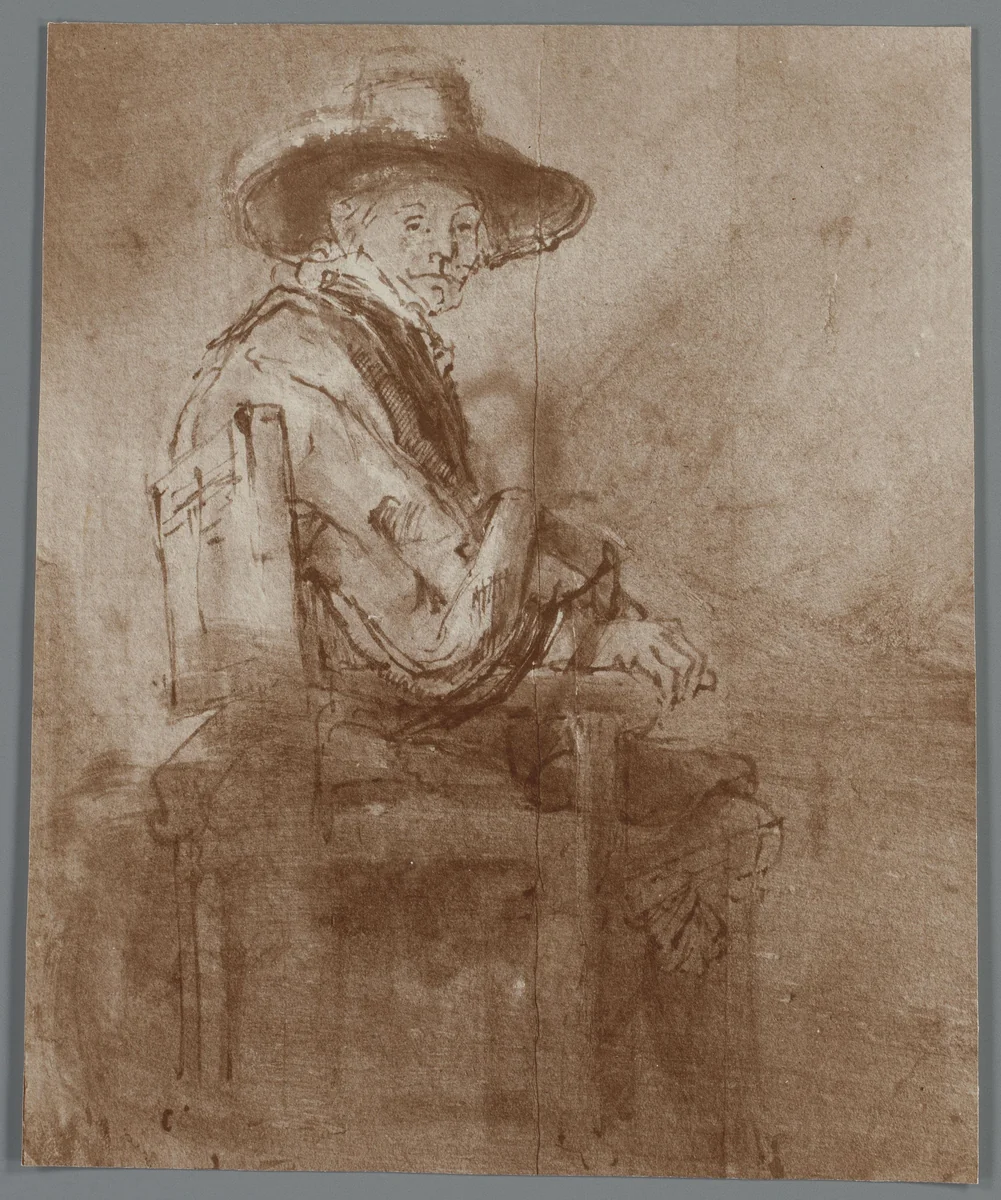 Fotoreproductie van tekening van Jacob van Loon, voorstudie voor De Staalmeesters, door Rembrandt by anonymous, photograph, 1880-1920