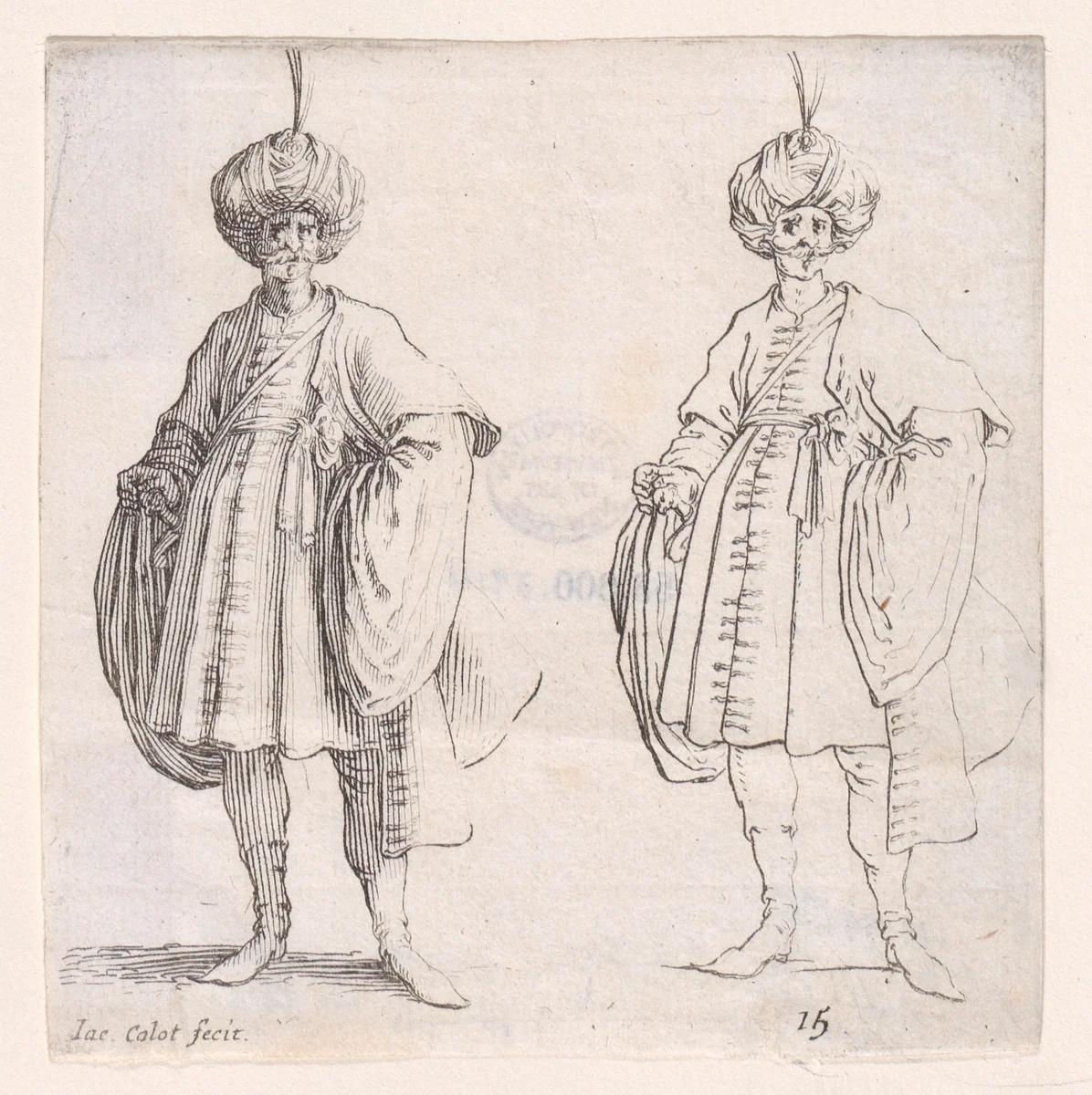 Turk Wearing Turban Seen from the Front, plate 15 from "Varie Figure" (Various Figures) by Jacques Callot, print, 1615-1625