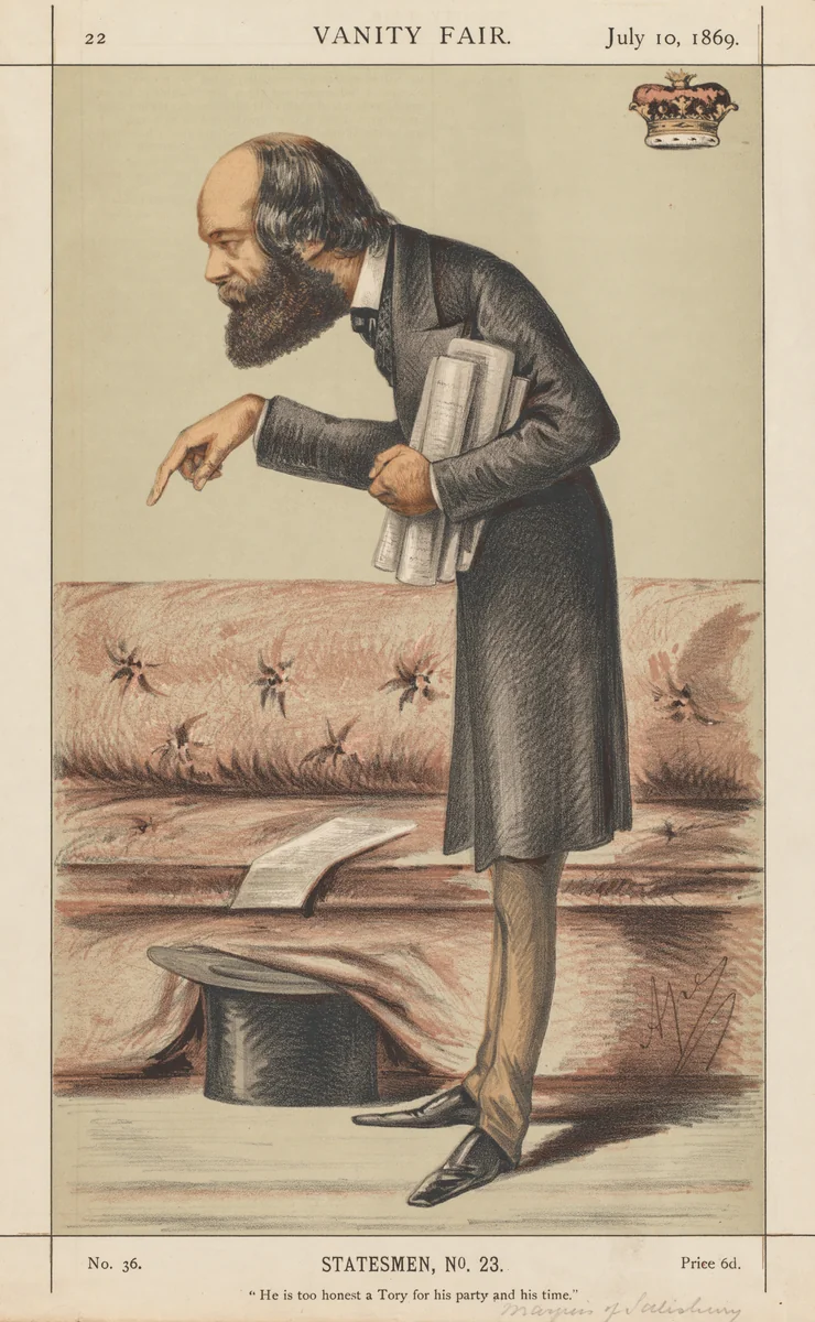 Vanity Fair: Statesman, No. 23 "He is too honest a Tory for his party and time" by Carlo, print, 1869