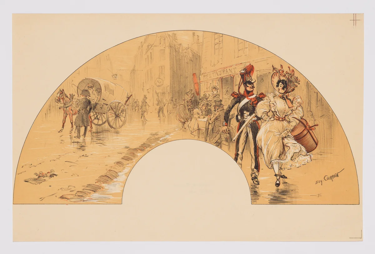 Fan leaf depicting woman with hat and soldier by Eugène Courboin, print, 1904-1905