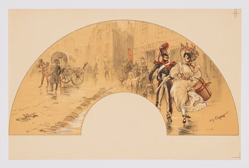 Fan leaf depicting woman with hat and soldier by Eugène Courboin, print, 1904-1905