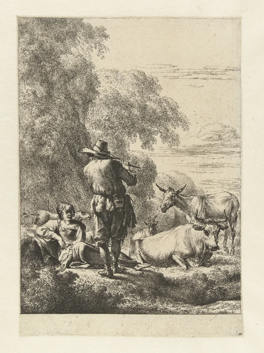 Fluitspelende herder by Nicolaes Pietersz Berchem, print, 1645-1650