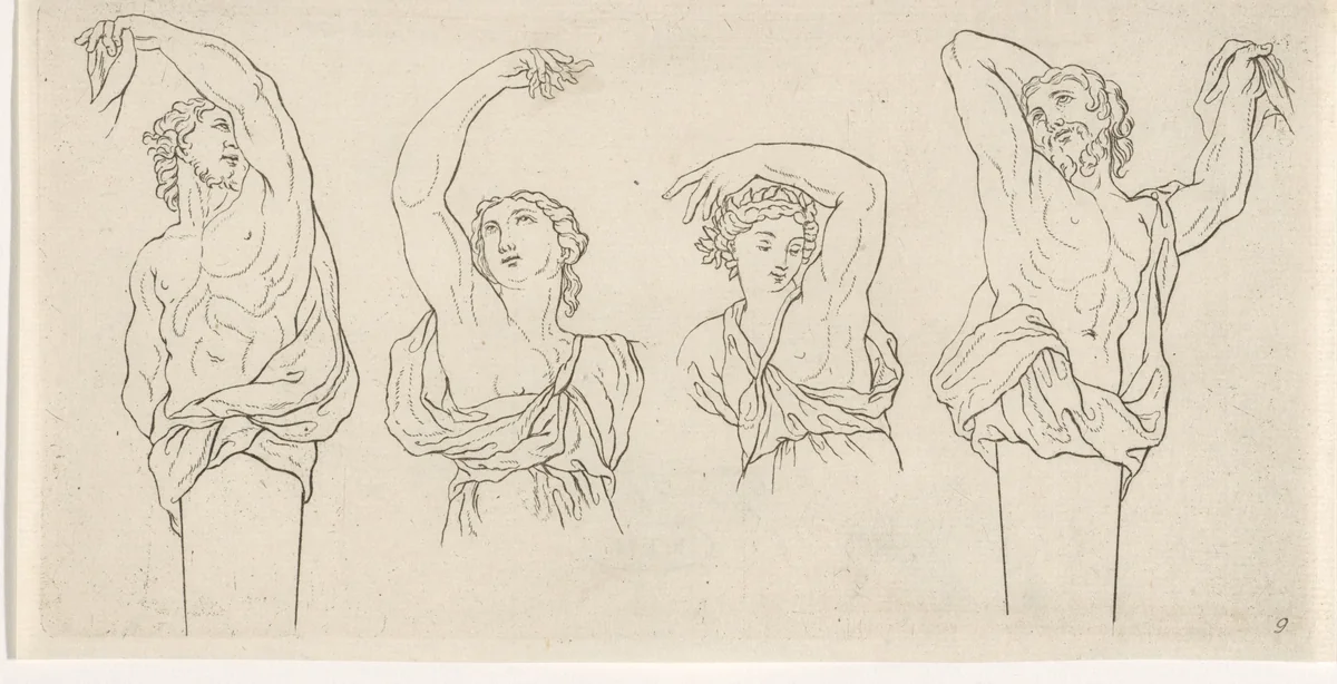 Studie van menselijke bovenlichamen by Leonard Schenk, print, 1710-1767