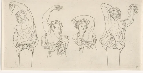 Studie van menselijke bovenlichamen by Leonard Schenk, print, 1710-1767