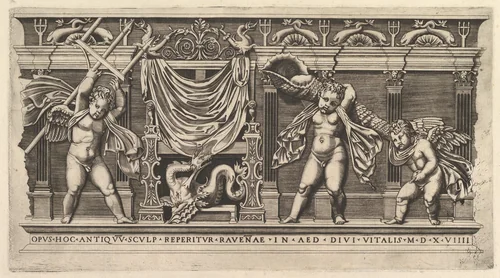 Bas-Relief with Three Cupids, from "Speculum Romanae Magnificentiae" by Marco Dente, print, 1519