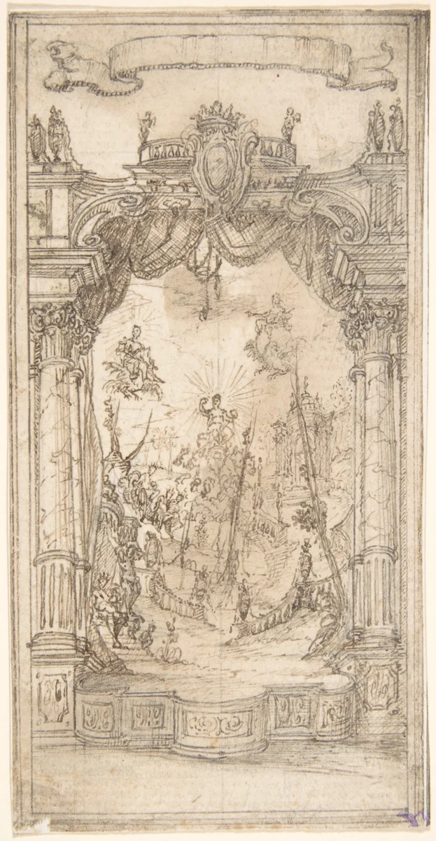Design for a Stage Set or Illustration in a Fête Book with a Blank Scroll Above by anonymous, drawing, 1700-1800