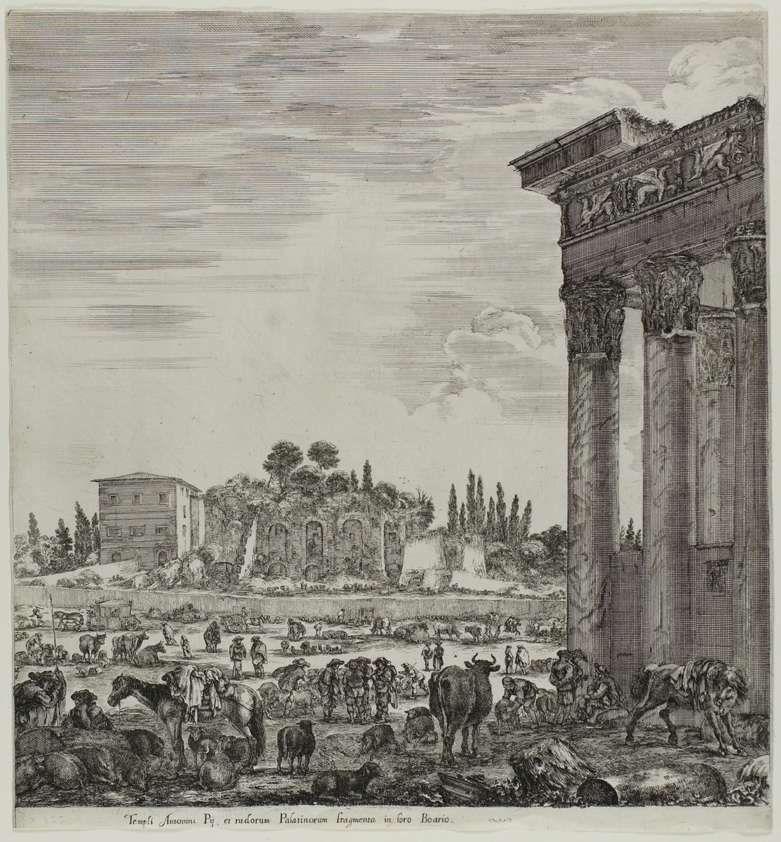 The Temple of Antonin and the Campo Vaccino by Stefano della Bella, print, 1654