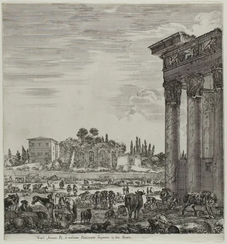 The Temple of Antonin and the Campo Vaccino by Stefano della Bella, print, 1654