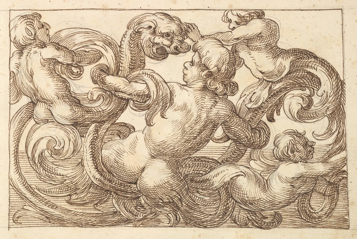 Horizontal Panel Design with Four Hybrid Male Figures and a Fantastical Creature Interspersed between Acanthus Rinceaux by anonymous, drawing, 1600-1650