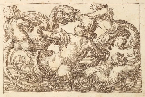 Horizontal Panel Design with Four Hybrid Male Figures and a Fantastical Creature Interspersed between Acanthus Rinceaux by anonymous, drawing, 1600-1650