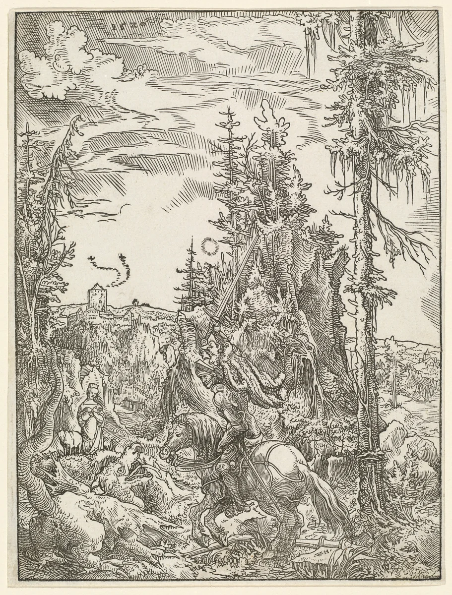 Saint George Killing the Dragon by Wolf Huber, print, 1520