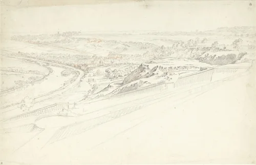 Gezicht van een hooggelegen terras over een landschap met bochtige rivier by Jacques André Portail, drawing, 1705-1759