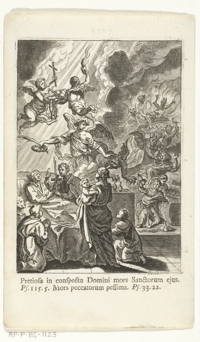 Man op sterfbed, zijn ziel wordt opgehaald door een engel by Jan Baptist Berterham, print, 1696-1721