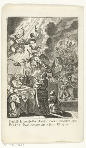 Man op sterfbed, zijn ziel wordt opgehaald door een engel by Jan Baptist Berterham, print, 1696-1721