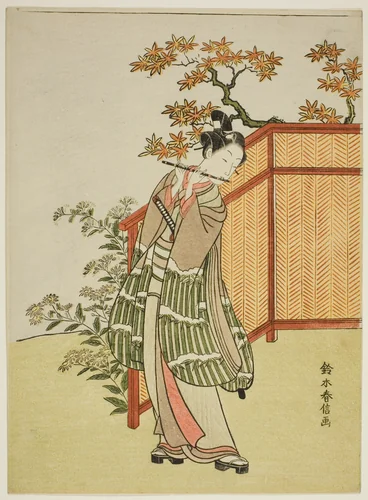 Young Man Playing the Flute Beside a Fence by Suzuki Harunobu (鈴木春信), print, 1762-1770