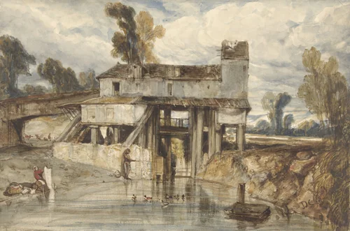 Landschap met watermolen by Alexandre-Gabriel Decamps, drawing, 1813-1860