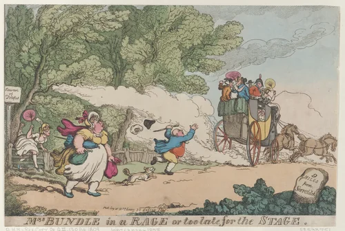 Mrs. Bundle in a Rage or too late for the Stage by Thomas Rowlandson, print, 1809
