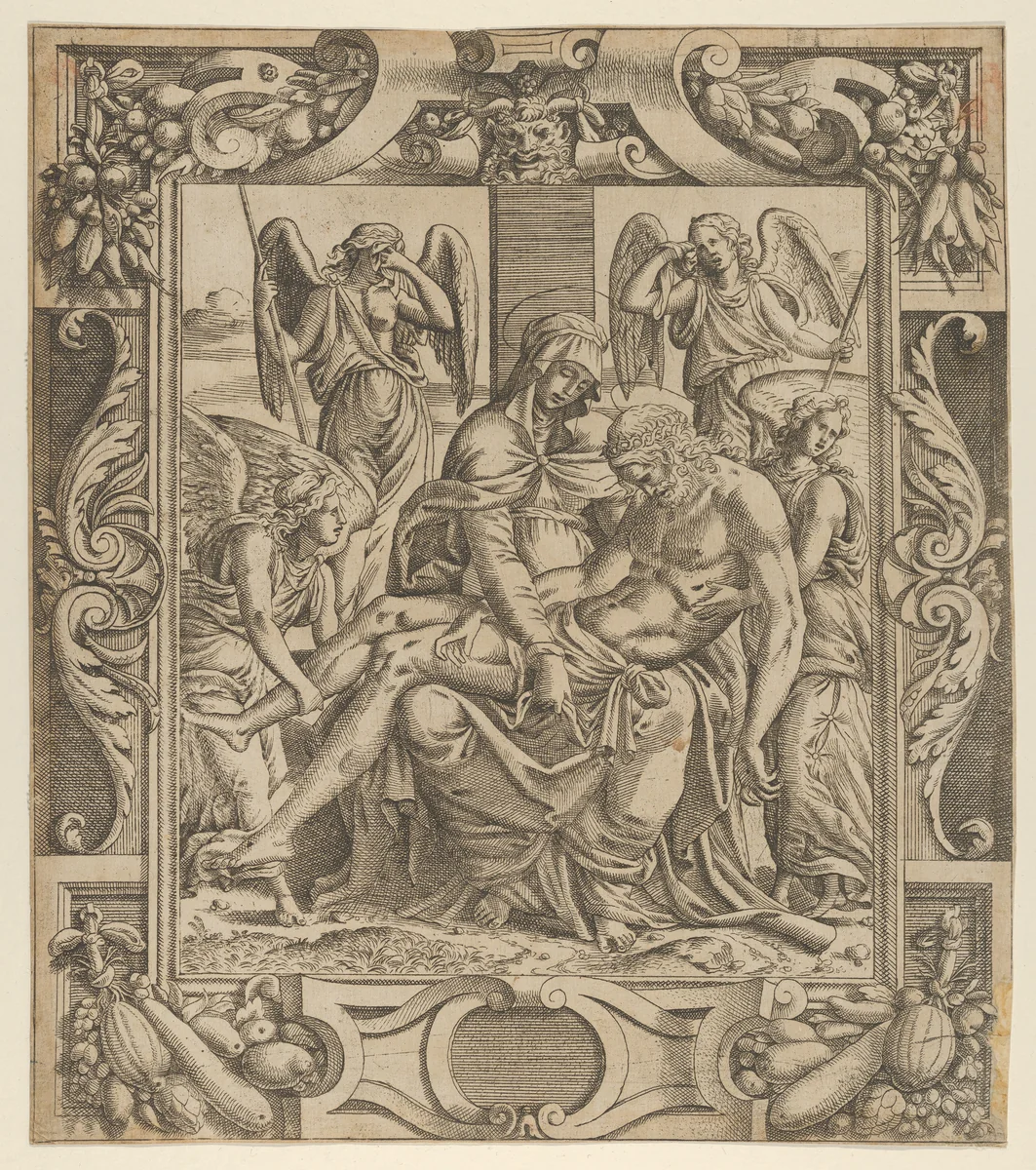 Pietà in an Ornamental Frame by Jean Mignon, print, 1535-1555