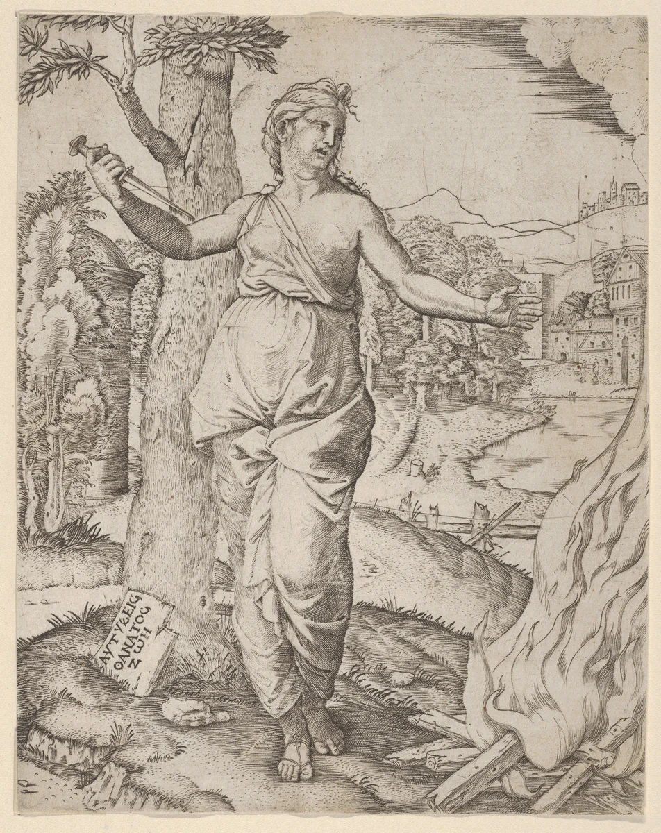 Dido holding a dagger in her right hand, left arm outstreched by anonymous, print, 1505-1515