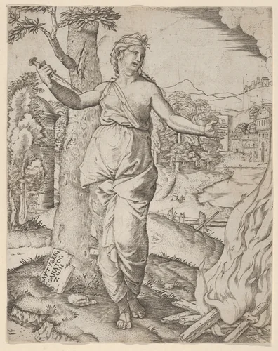 Dido holding a dagger in her right hand, left arm outstreched by anonymous, print, 1505-1515