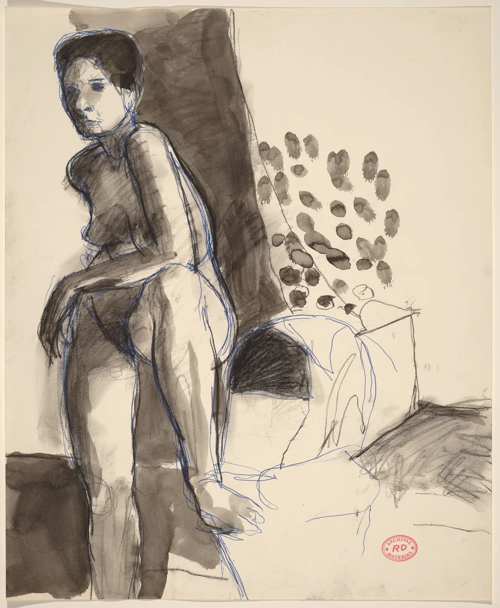 Untitled [standing nude with her left foot on a chair seat] by Richard Diebenkorn, drawing, 1955-1967