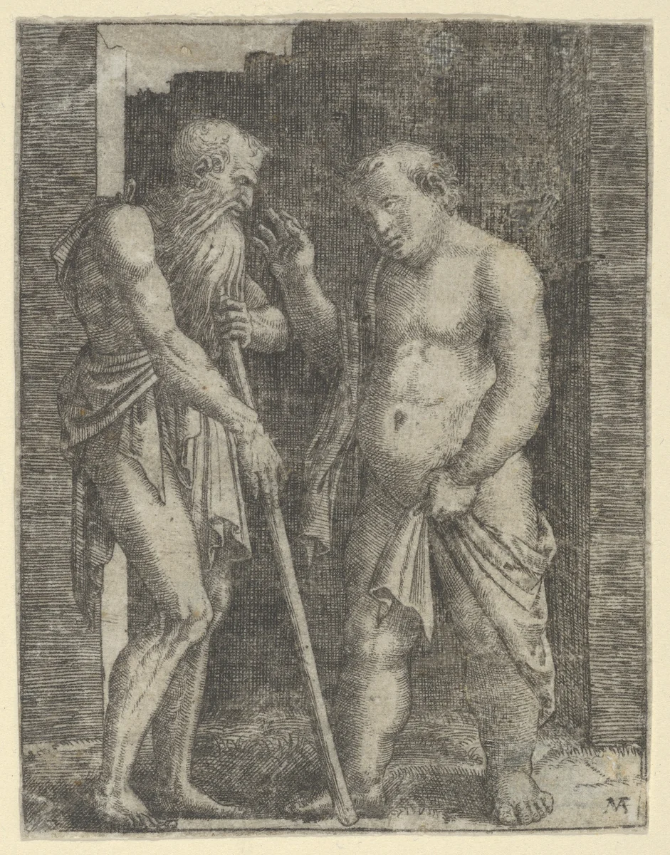 An old skinny man at left talking with a fat man at right by Marcantonio Raimondi, print, 1505-1515