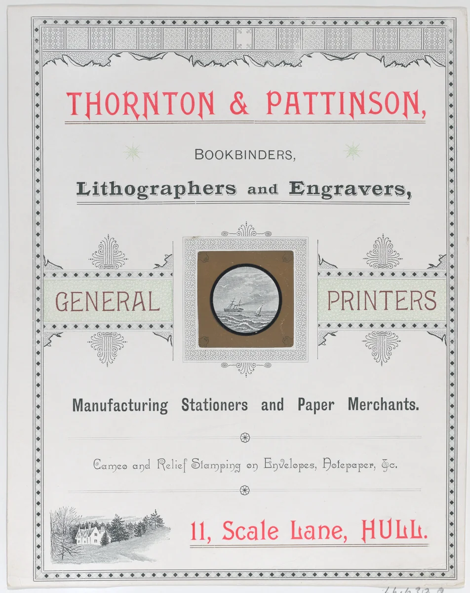 Trade Card for Thorton & Pattinson, Bookbinders, Lithographers and Engravers by anonymous, print, 1800-1900