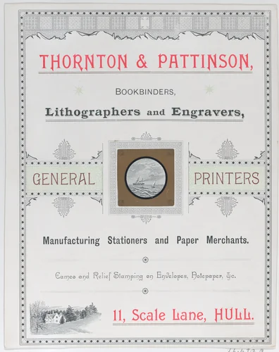 Trade Card for Thorton & Pattinson, Bookbinders, Lithographers and Engravers by anonymous, print, 1800-1900
