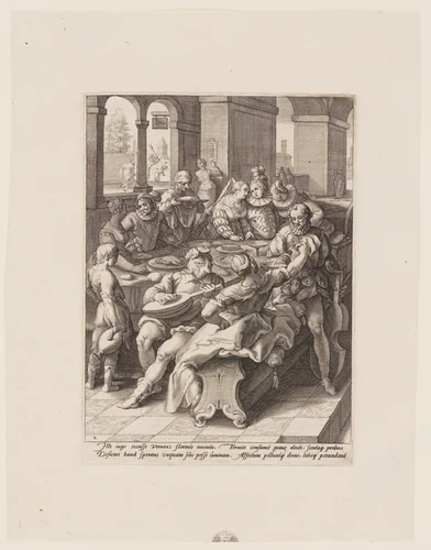 The Prodigal Son Feasting with Harlots, from The History of the Prodigal Son by Jacob Matham, print, 1592