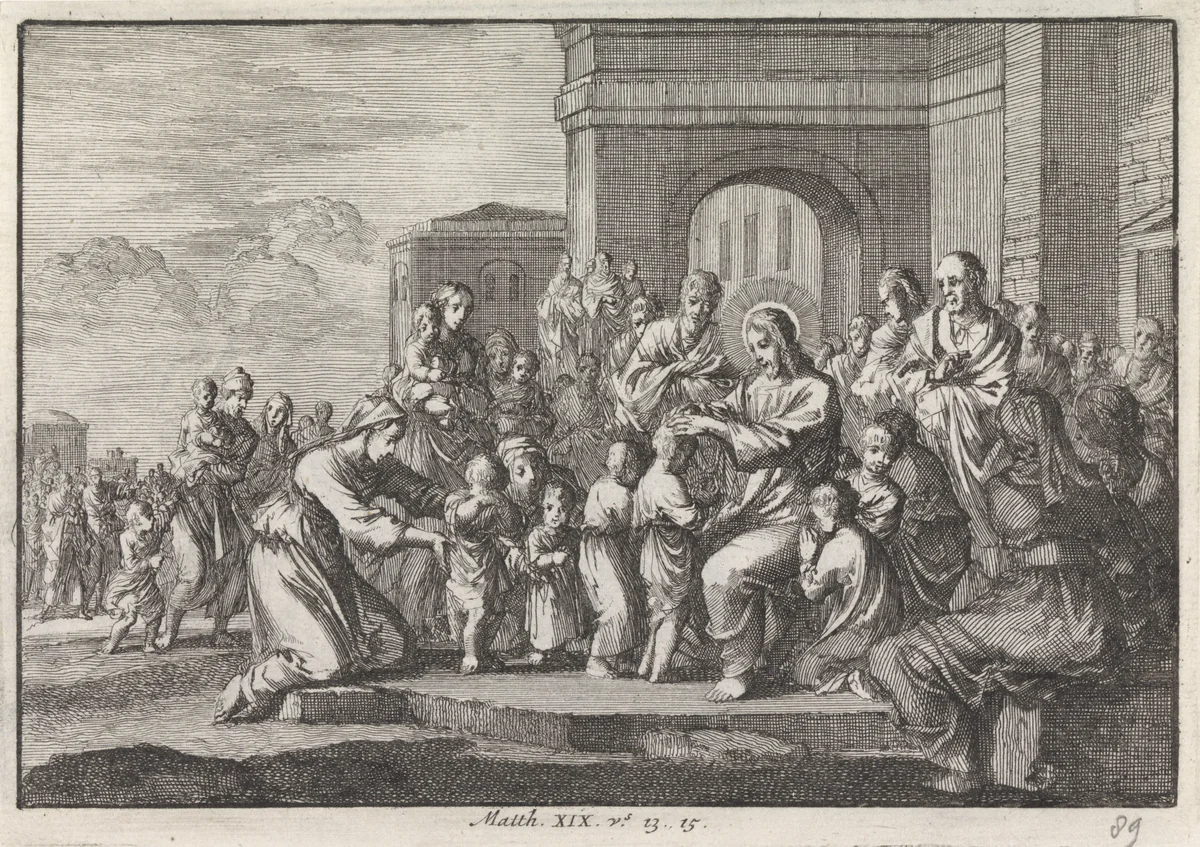 Christus zegent de kinderen by Jan Luyken, print, 1703-1762