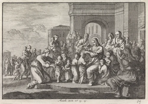 Christus zegent de kinderen by Jan Luyken, print, 1703-1762
