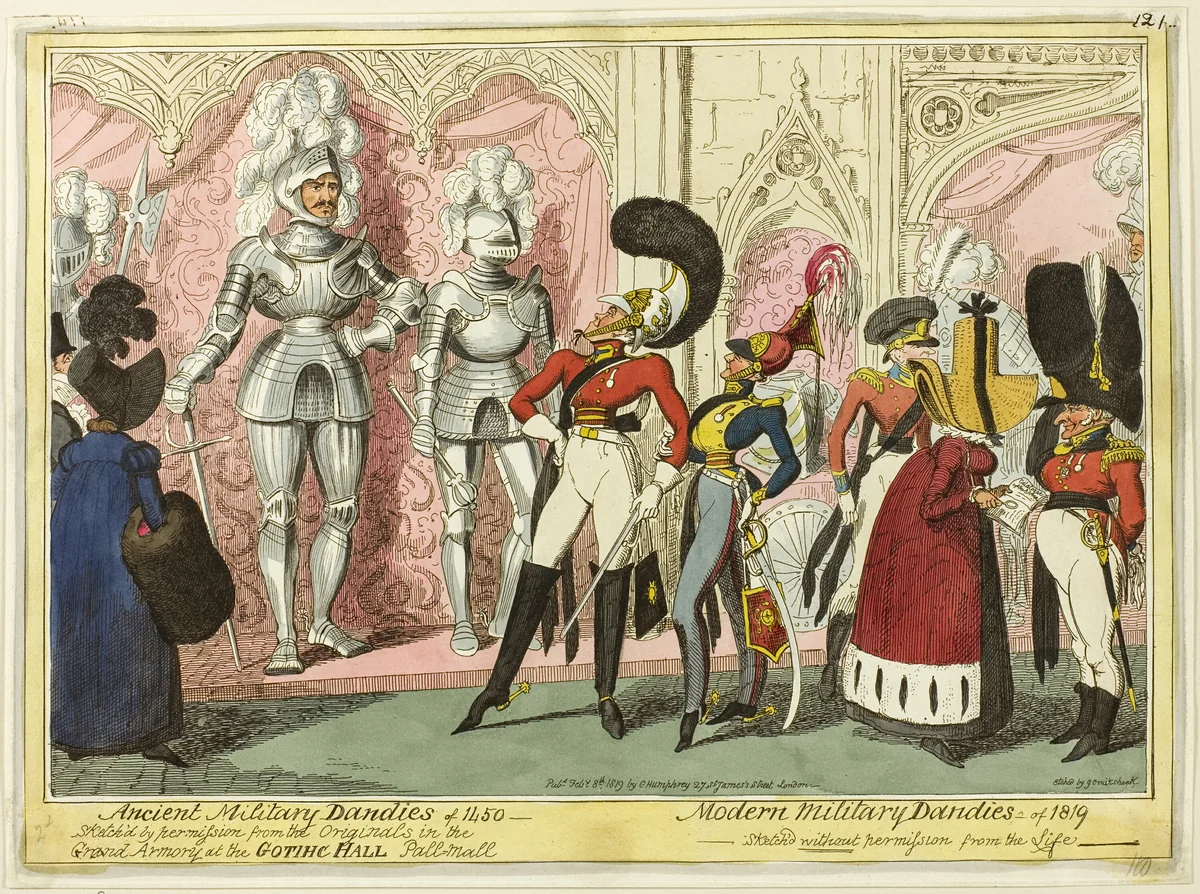 Ancient and Modern Military Dandies of 1450 by George Cruikshank, print, 1819