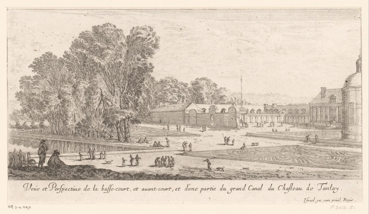 Gezicht op het voorplein en binnenplaats van het kasteel van Tanlay, met links vooraan het kanaal by Israël Silvestre, print, 1631-1661