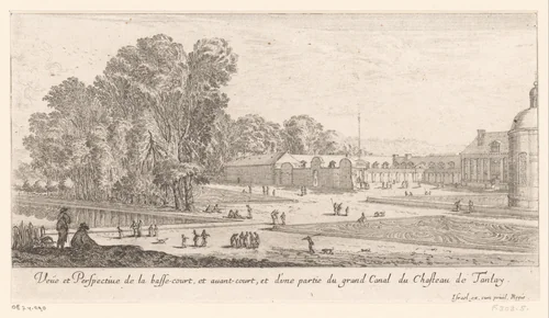 Gezicht op het voorplein en binnenplaats van het kasteel van Tanlay, met links vooraan het kanaal by Israël Silvestre, print, 1631-1661